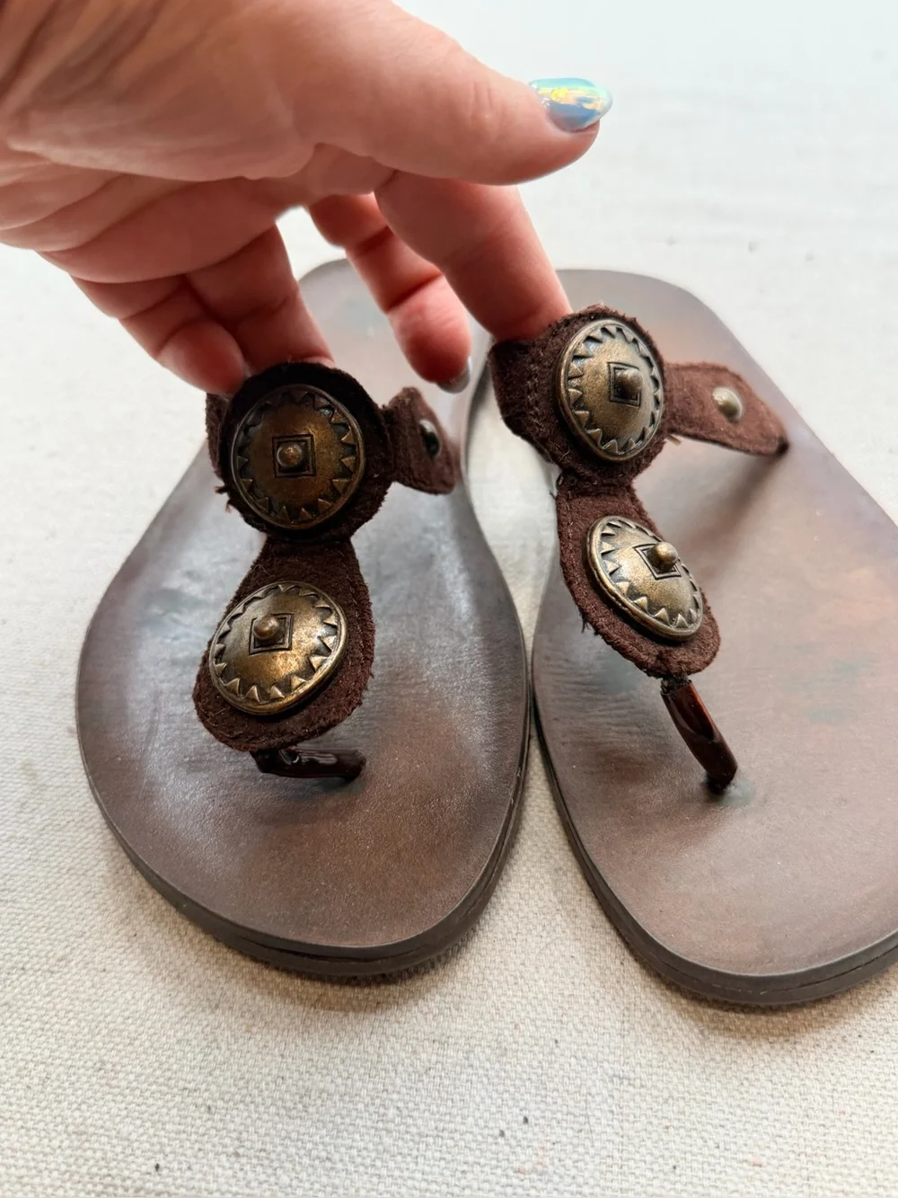 Mossimo Brown Leather Thong Sandals with Button Accent